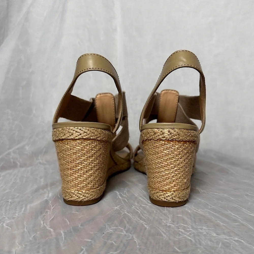 Lucky Brand Cork Wedge Heel Espadrilles Sandals T-strap Stretch Slingback 9.5‎